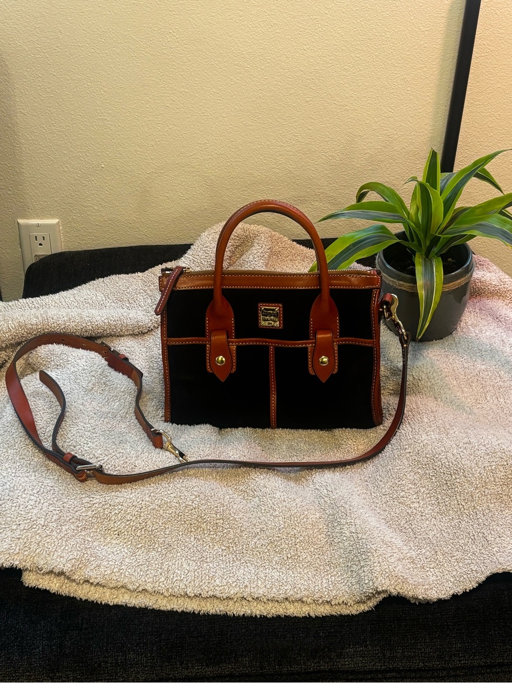Dooney & Bourke Black and Brown Leather Satchel with Strap